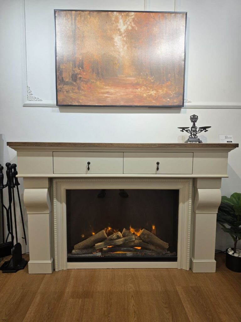 เตาผิงไฟฟ้า A.X Fireplaces รุ่น BOSTON รุ่นพิเศษสาขาเชียงใหม่ ระบบไฟ LED สีครีมท็อปไม้