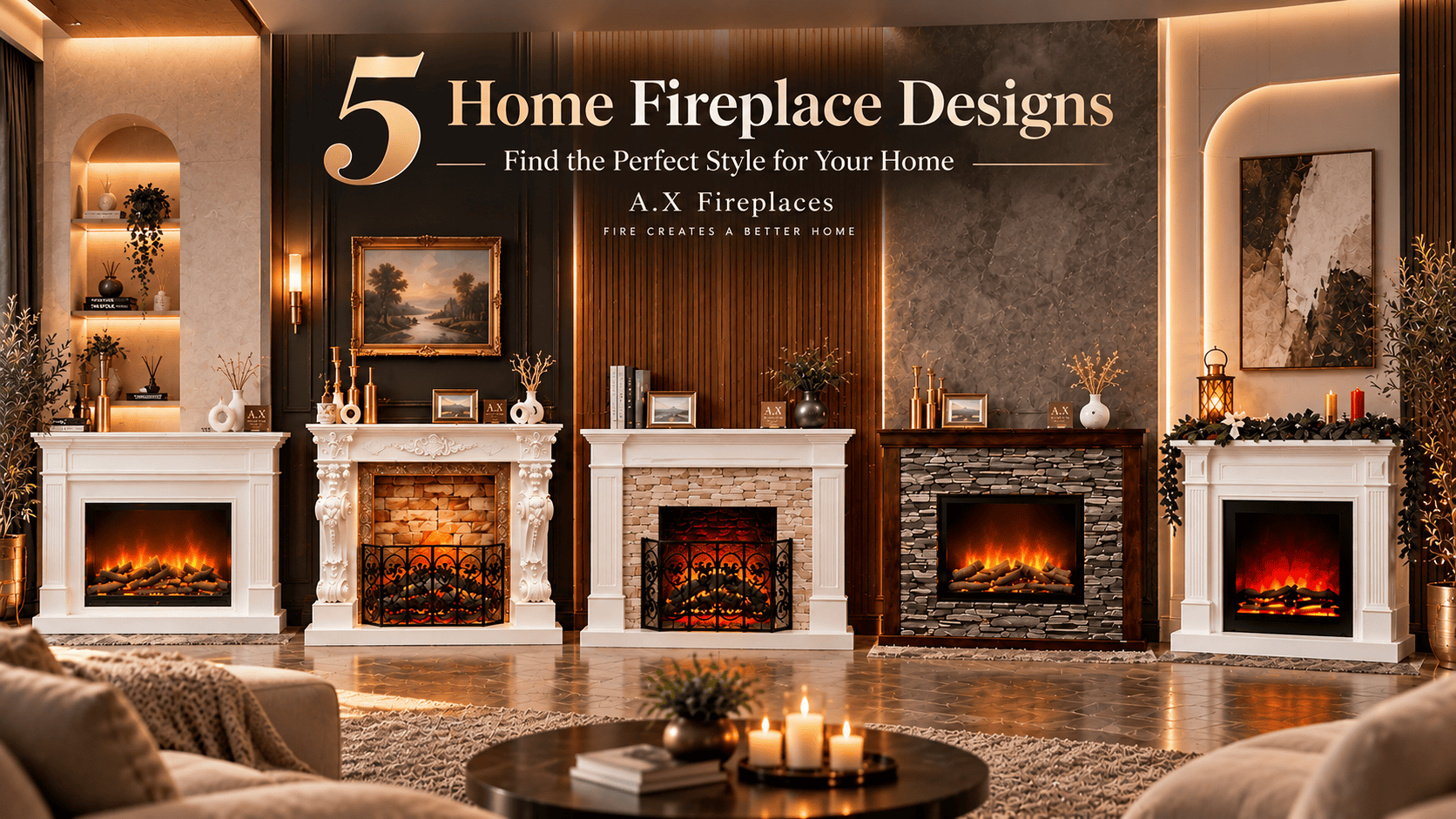 5 decorative fireplace designs by A.X Fireplaces for elegant luxury living room decor
