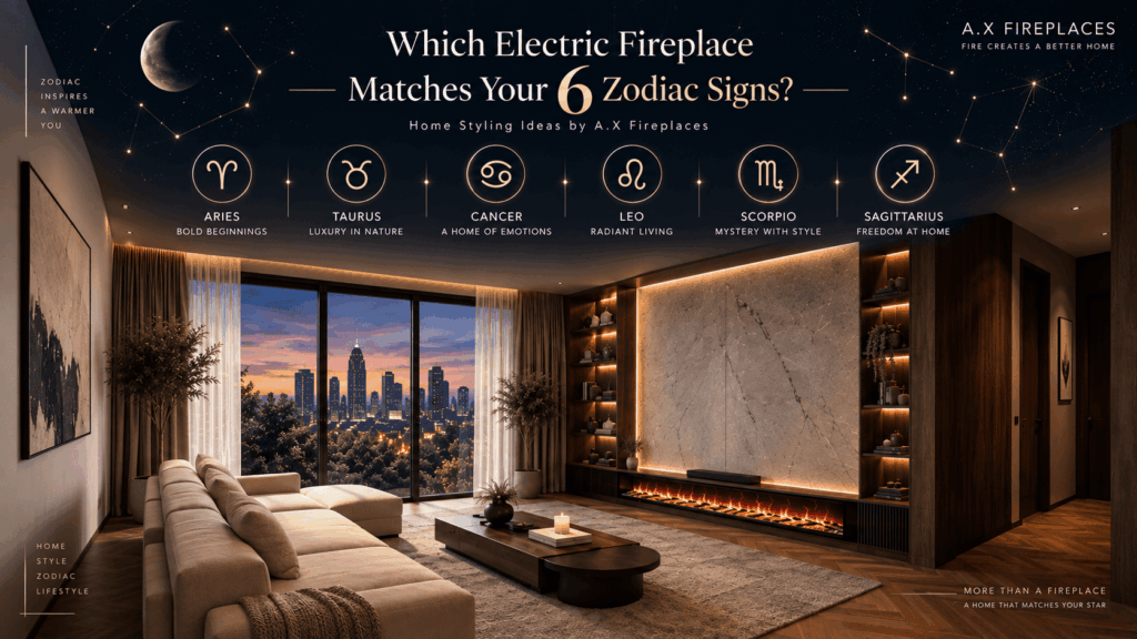Zodiac home decor ideas featuring electric fireplace styles for six zodiac signs
