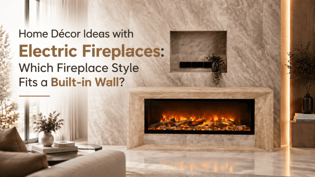 Home decor ideas featuring a built-in electric fireplace on a marble wall design for a modern living room
