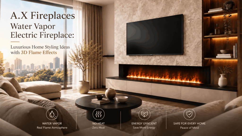A.X Fireplaces water vapor electric fireplace built into a luxury living room with 3D flame effects