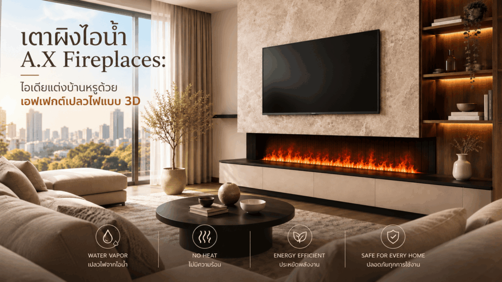 เตาผิงไอน้ำ A.X Fireplaces แบบ Built-in ในห้องนั่งเล่นหรู พร้อมเอฟเฟกต์เปลวไฟ 3D