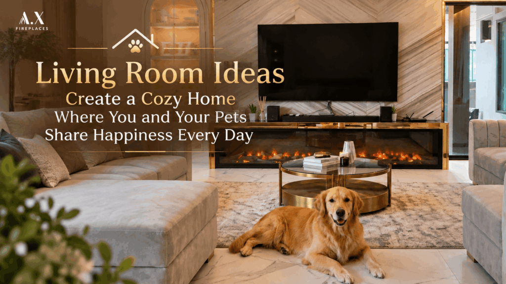 Pet-friendly living room ideas featuring an electric fireplace and Golden Retriever at A.X Fireplaces